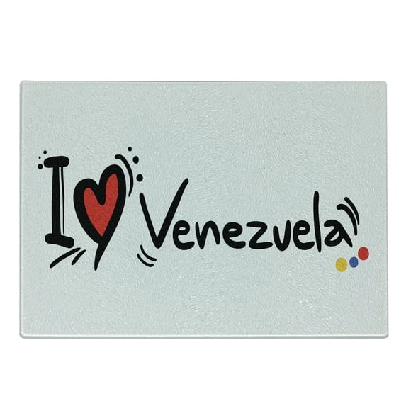 Venezuela Cutting Board, I Love Venezuela Calligraphy with Heart, Decorative Tempered Glass Cutting and Serving Board, in 3 Sizes, by Ambesonne