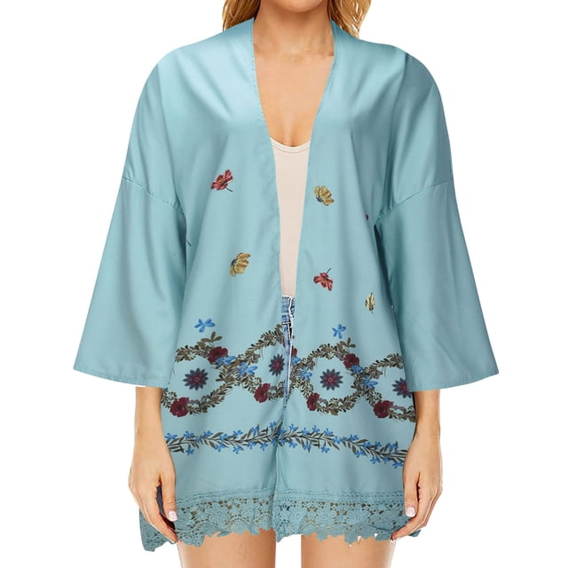 Moda mujer Casual encaje empalme dobladillo Retro estampado media manga suelta cárdigan Tops abrigo Pompotops qwe20726