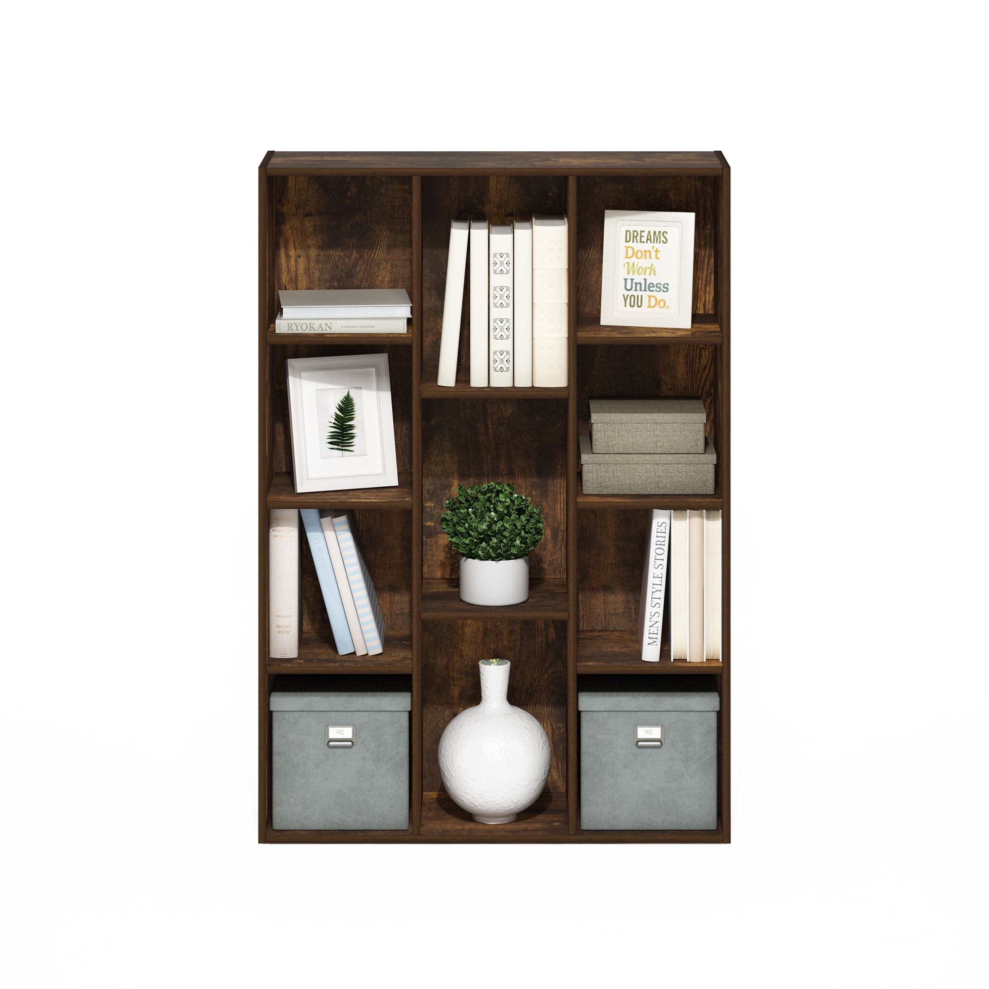 Furinno LUDER 11-Cube Reversible Open Shelf Bookcase in Amber Pine