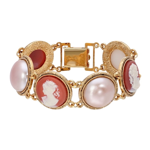 1928 Jewelry Round Carnelian Ivory Cameo and Raspberry Peach Faux Pearl Clasp Bracelet
