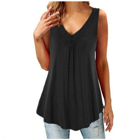 Fesfesfes Plus Size Tops for Women Low Cut V Neck Sleeveless Tops Loose ...