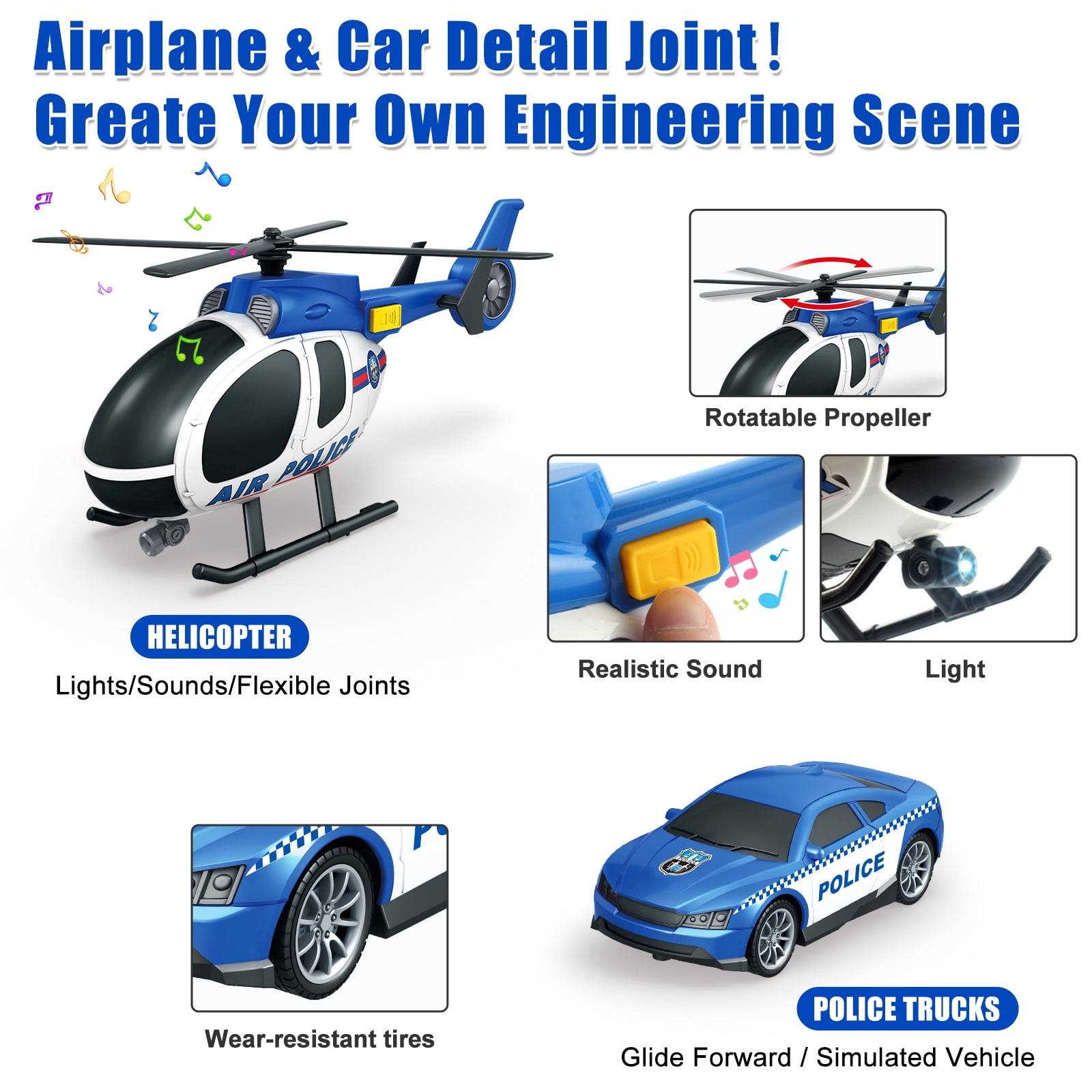 3 in 1 Large Police Truck Toy, 25" Semi Flatbed Truck Toy with Racing Car and Helicopter, Friction Powered Vehicles Toys with Lights and Sounds