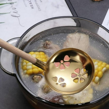 

304 Stainless Steel Soup Spoon Japanese Style Wooden Handle Soup Spoon Leakage Colander Household Hot Pot Drain Spoon with Comfortable Grip