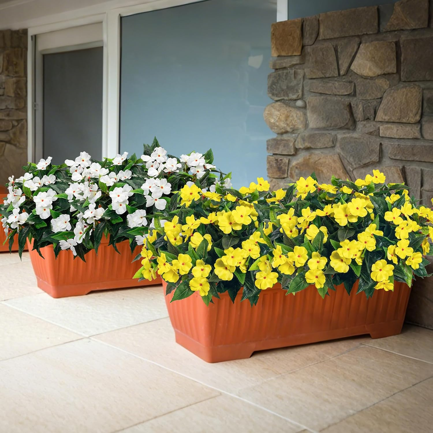 Topboutique Artificial Impatiens Flowers for Outdoors 4 Pcs 7 Branches Silk Flowers Greenery Bouquet Faux Yellow Flowers Plants Fake Plant for Planter Front Door Porch Patio Table Indoor Decor