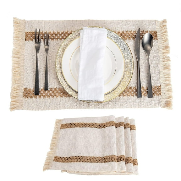 Ksopiavobs Cotton Macrame Placemats Woven Placemats Rustic Jute Placemat Tassels Beige Boho Placemats Rectangular Placemats Linen Dining Table Mats 4-Pieces, 12x18 inches (Beige)