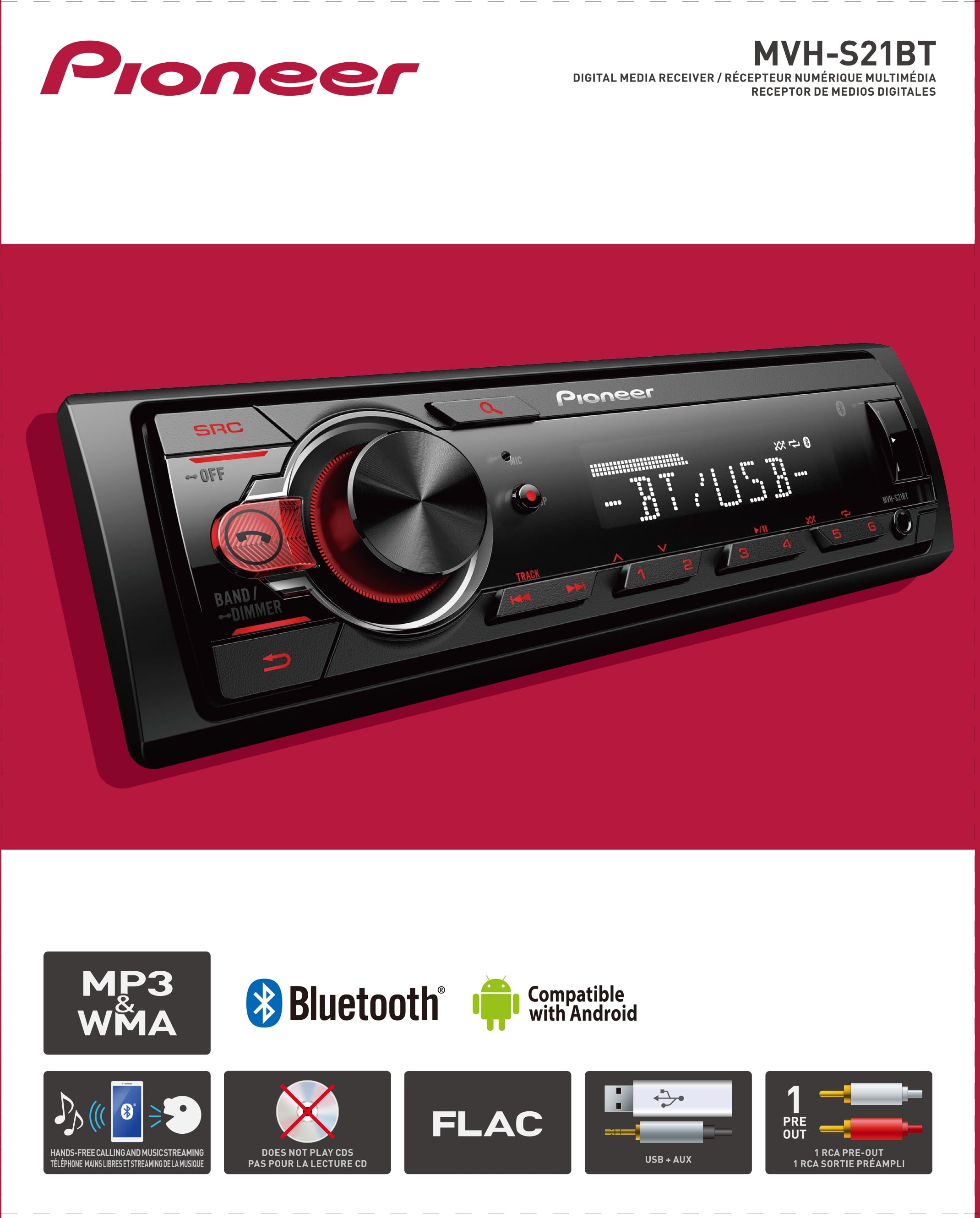  Pioneer MVH-S215BT Digital Media Car Stereo Receiver Single DIN  Bluetooth in-Dash USB MP3 Auxiliary AM/FM Android Smartphone Compatible, :  Electronics