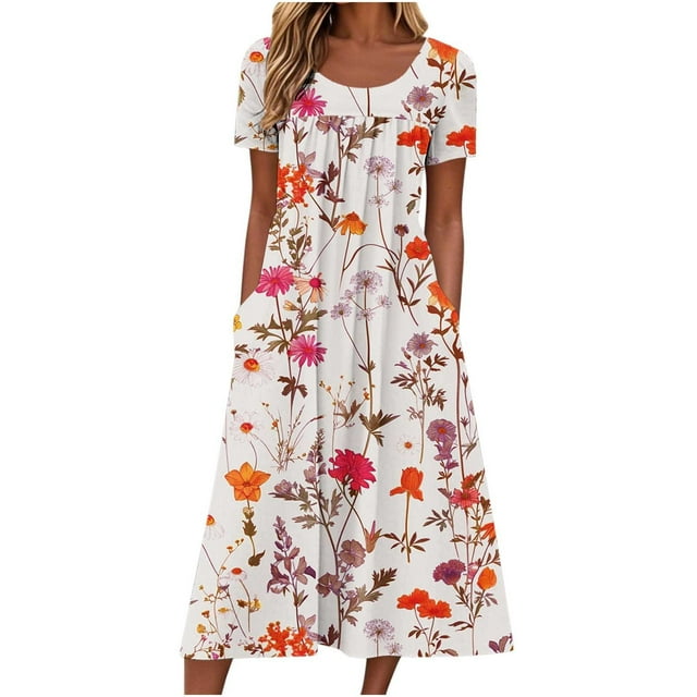 LOVZFMLL Robe d'Été Décontractée pour Femme, Manches Courtes, Longueur Genou, Robe T-Shirt, Coupe Évasée Fluide, Robe Midi Ligne A, Robes Soleil avec Poches, Rouge, M