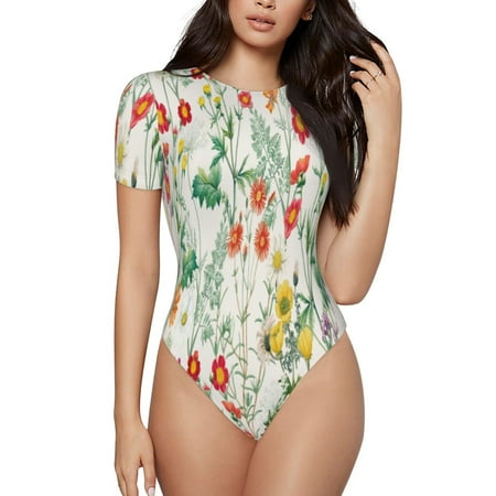 Balery Spring floral Women s Short Sleevee Crew Neck Bodysuit Tops Short Sleeve Tops Basic-XX-Large