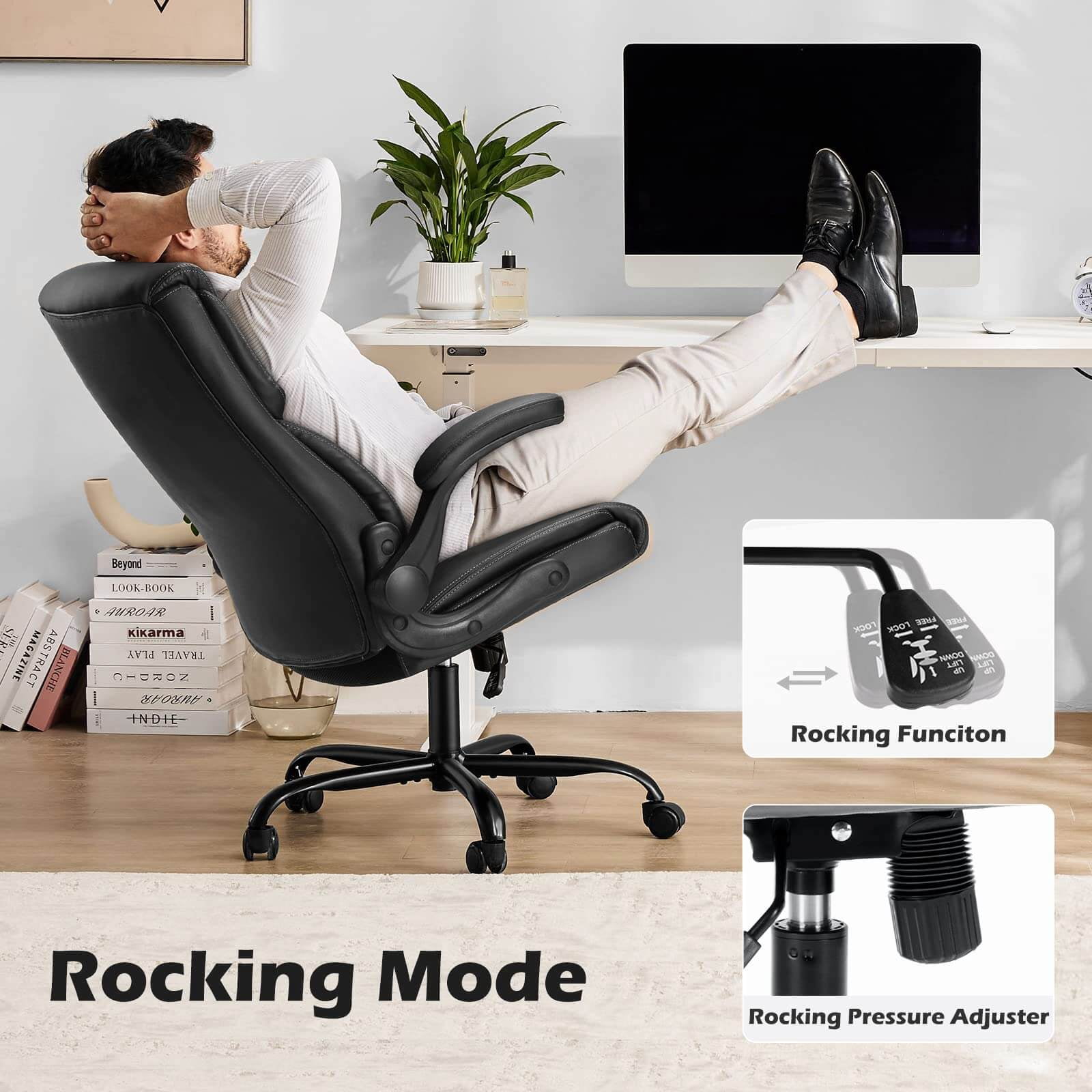 Bigleap  Big and Tall Office Chair Desk Chair 300lbs Wide Seat with Adjustable Armrest and Lumbar Support PU Leather High Back Executive Task Ergonomic Computer Chair for Back Pain,Black1