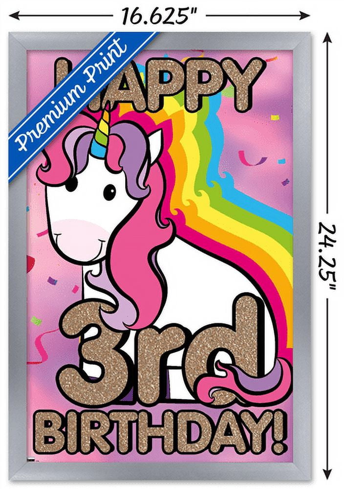 Ellie Ripberger Unicorn - Happy 3rd Birthday Wall Poster, 14.725" x 22.375", Framed