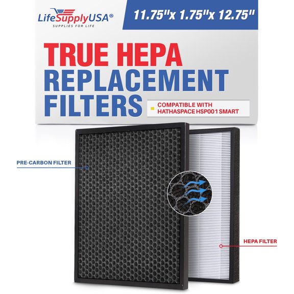 LifeSupplyUSA 2-in-1 True HEPA Air Cleaner Replacement Filter   Activated Carbon Charcoal Compatible with Hathaspace HSP001 Smart Air Purifiers