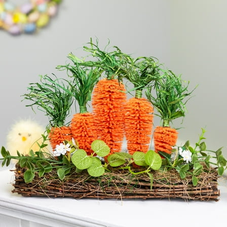 Standing Carrots on Floral Foliage Twig Log Easter Decoration - 2"