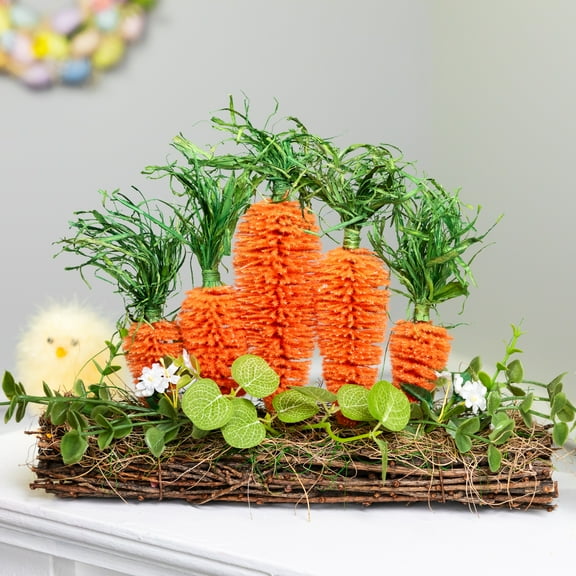 Standing Carrots on Floral Foliage Twig Log Easter Decoration - 2"