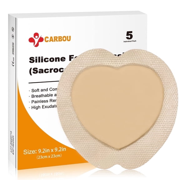 Carbou Wound Dressing Sacrum Silicone Foam Dressing with Adhesive Border 9.2''x 9.2'' Box of 5 Pack