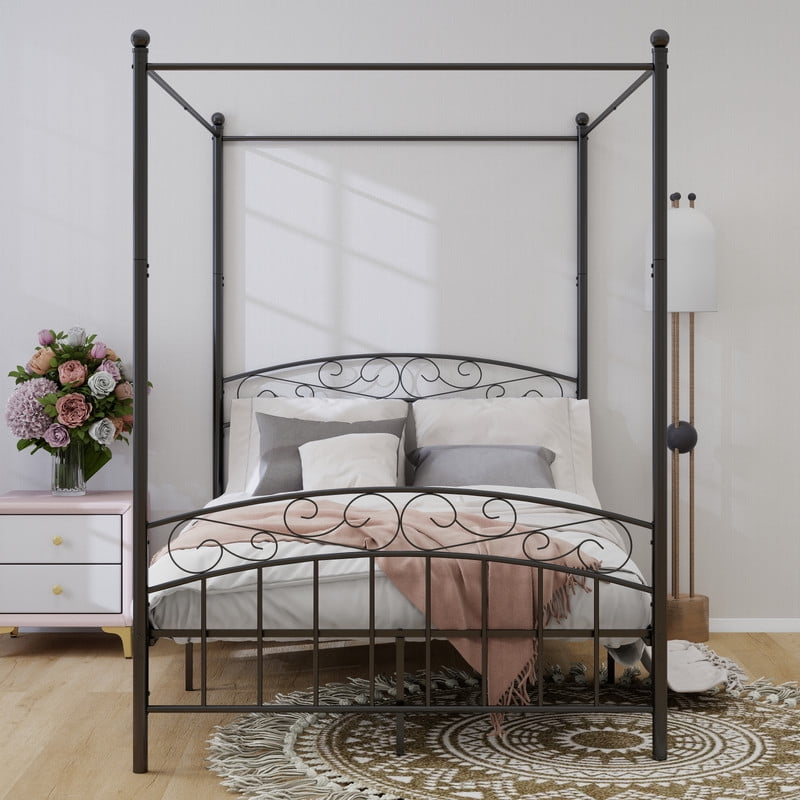 Caxkun Full Size Canopy Bed Frame Four-Poster Metal Platform Bed with Headboard and Footboard Sturdy Heavy Duty Steel Slat Support，Black