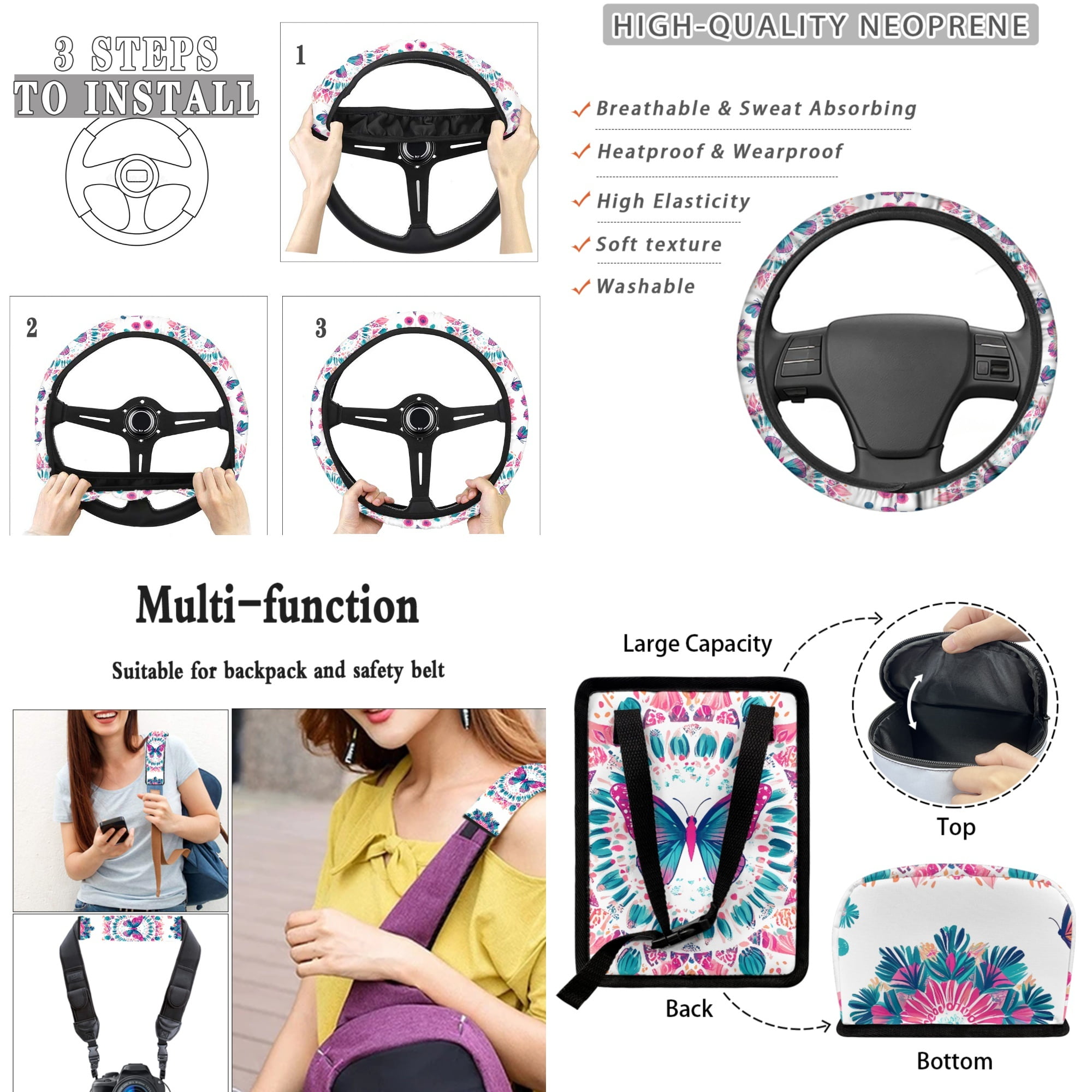 Yuyamidu Butterfly Car Seat Cover Full Set of 15 Flower Steering Wheel Cover Seat Belt Strap Cover Trash Can Rear View Mirror Cover Auto Coaster Wristlet Keychain Air Vent Storage Bag Car Decor