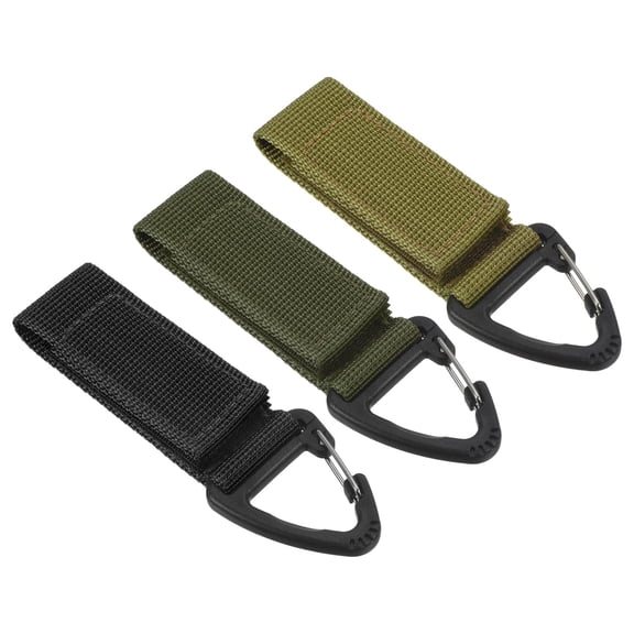 Belt Keeper Key Clip Set, 3Pcs Nylon Webbing Buckle Keychain with Sticky Tape Clip for Outdoor Camping, Black Green Khaki