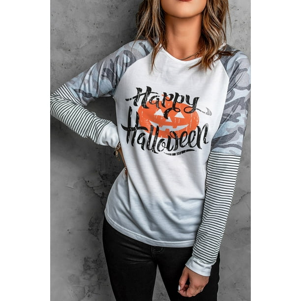 POGLIP Women's Beige Happy Halloween Pumpkin Camo Stripe Long