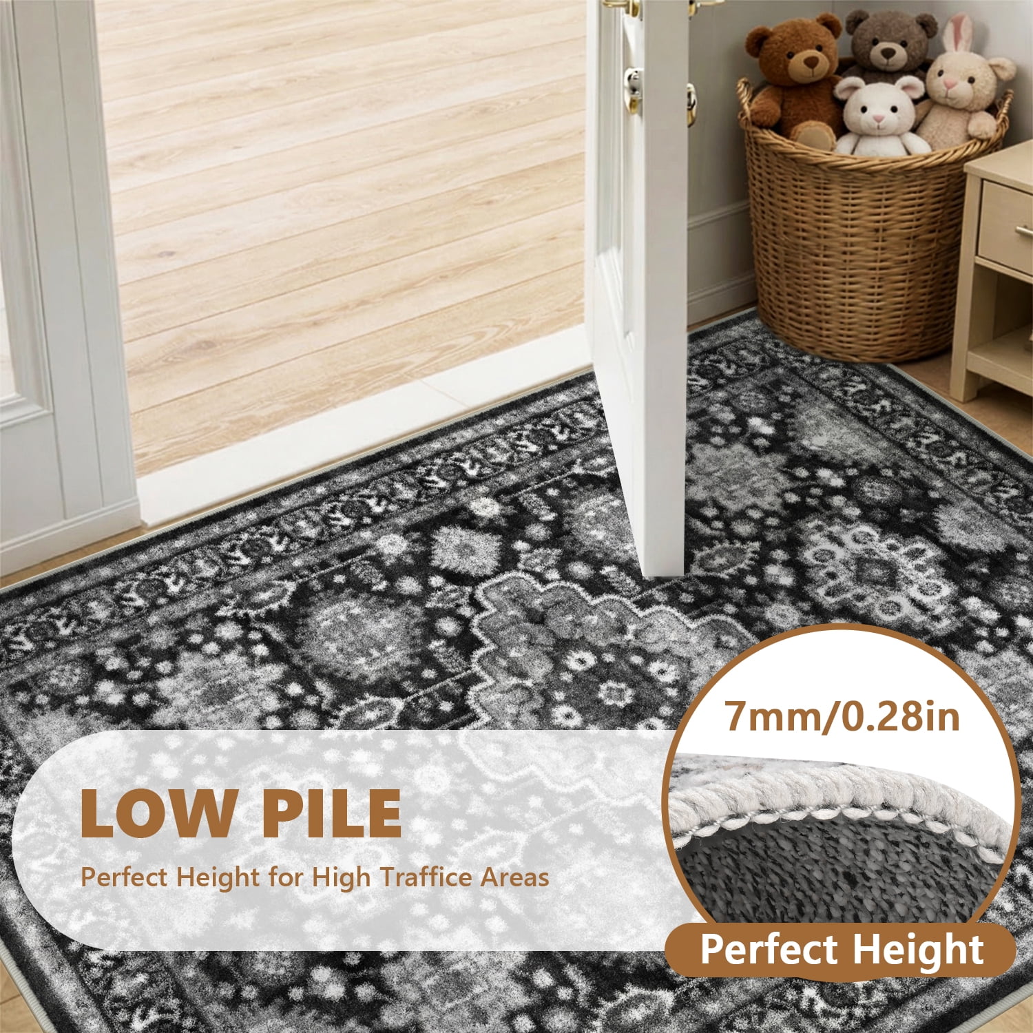 Area Rugs for Living Room, Quccifan 8'x10' Washable Vintage Boho Low Pile Non-Slip Soft Black Persian Distressed Carpet for Bedroom, Office