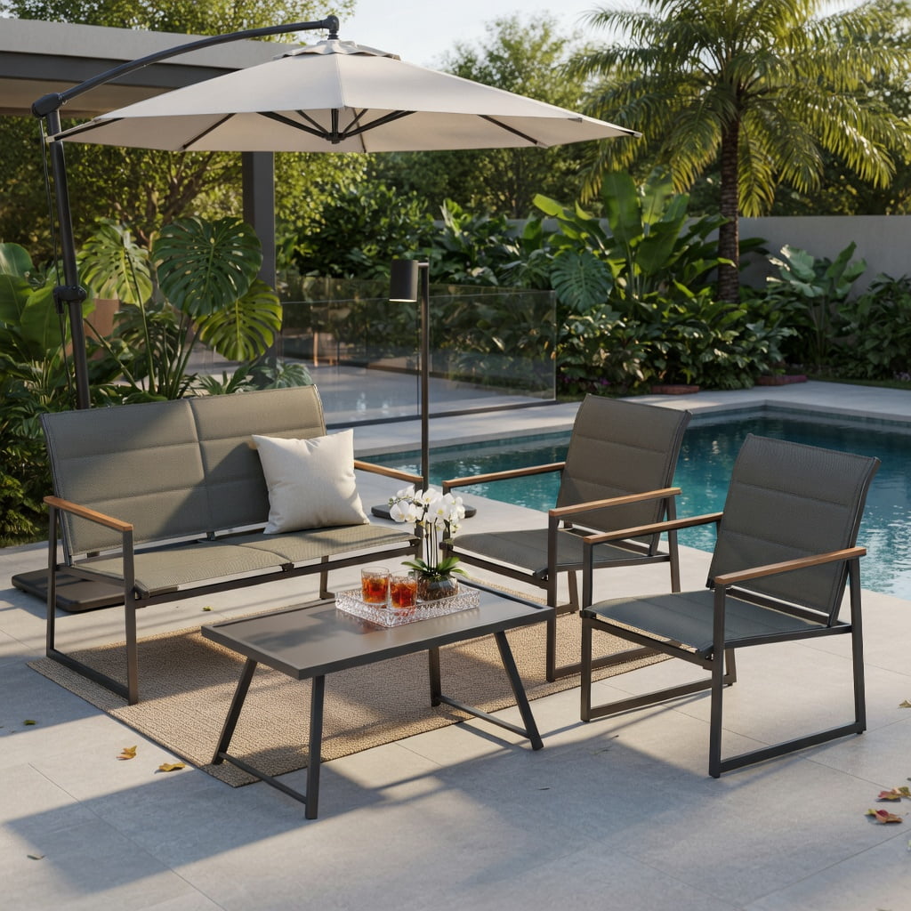 Hommoo 4-Piece Modern Outdoor Patio Furniture Set, Loveseat, 2 Armchairs & Tempered Glass Coffee Table for Backyard, Poolside & Balcony, Gray