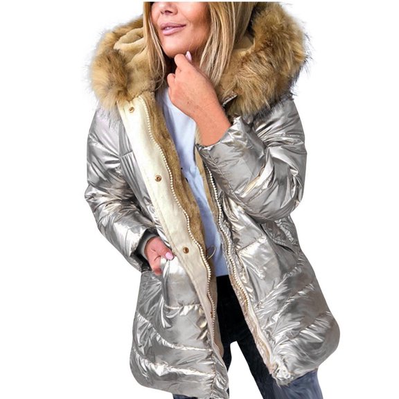 XPMWRP Women's Sequin Thicken Fleece Lined Hooded Jacket Long Sleeve Solid Color Casual Zipper Coats Waterproof Winter Trendy Clothes with Pockets Gold XXXXL