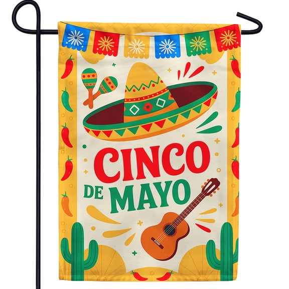 America Forever Cinco de Mayo Sombrero Garden Flag, 12.5 x 18 inch Double Sided, Mexican Fiesta Banner, Guitar Maraca Papel Picado Celebration Outdoor Yard Decorations