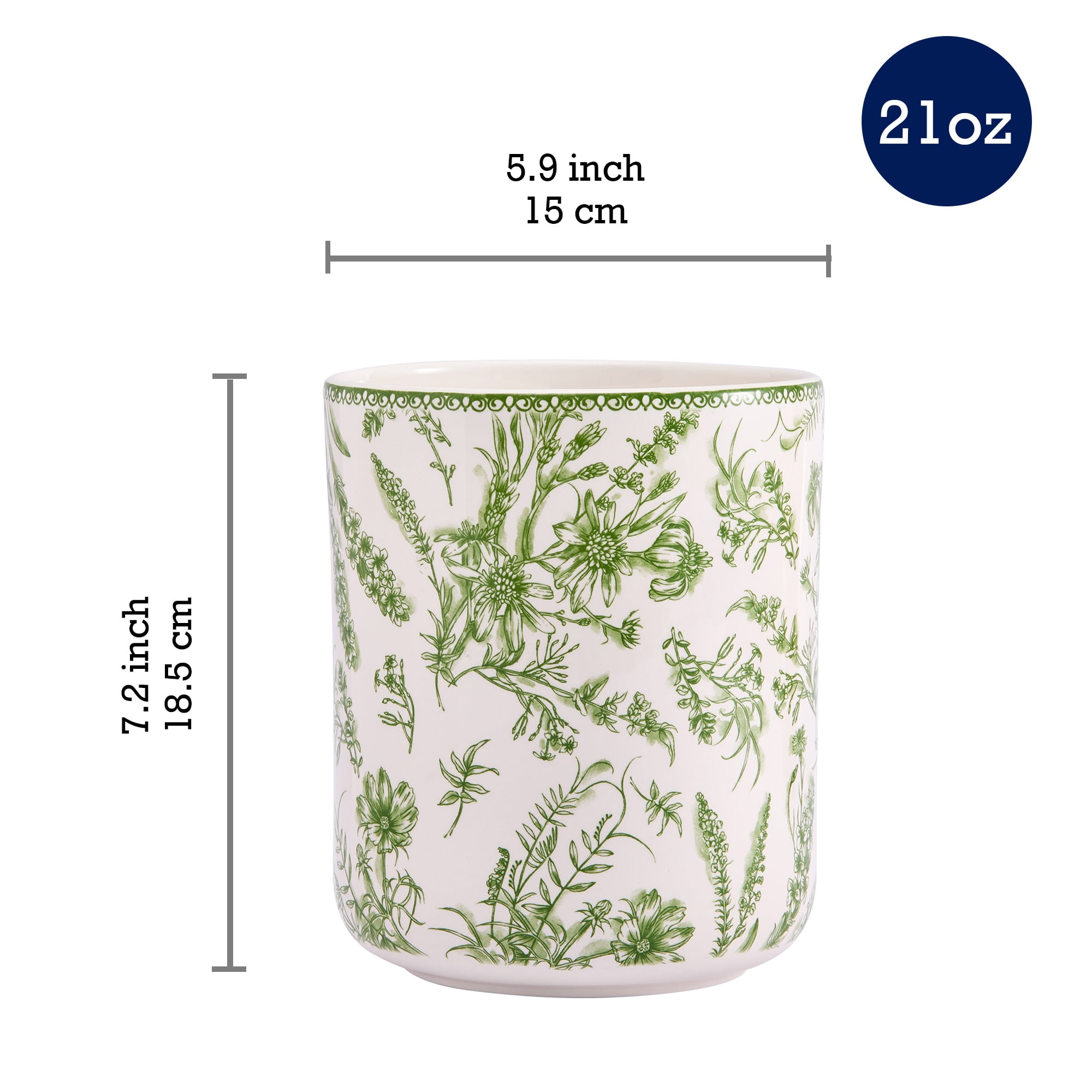 Bico Green Garden Toile De Jouy Ceramic Utensil Holder Set of 2, Ceramic Kitchen Utensil Crocks for Countertop, Large Cooking Tool Holder Counter Decor, Spatula Organizer
