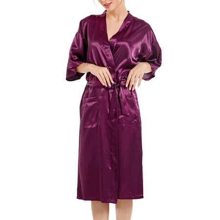 

Sexy Dance Ladies Robes Half Sleeve Kimono Robe V Neck Bathrobes Knee Length Sleepwear Bride Party Bathrobe Dark Purple M