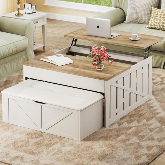 ThemisLift Top Coffee Table with Storage Hidden Compartment, 31.5" Farmhouse Coffee Tables with Ottoman Bench, Center Table with Wooden Lift Tabletop for Living Room, White