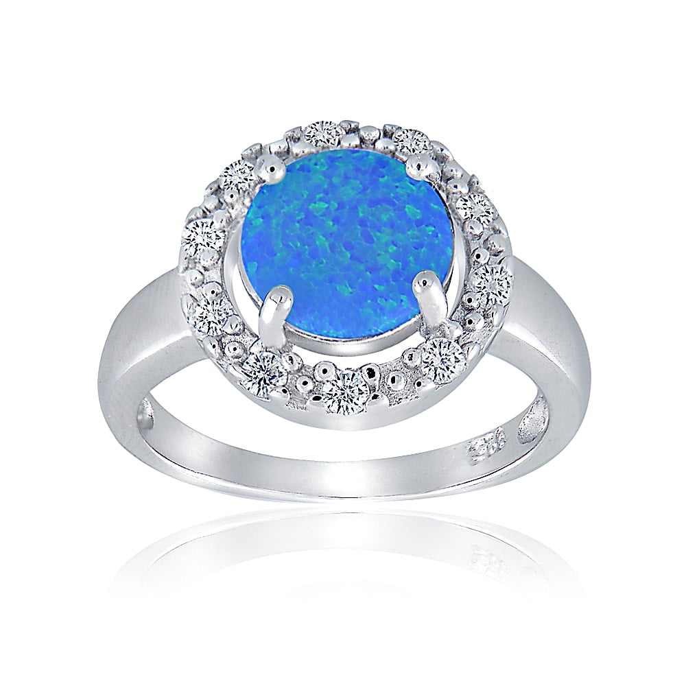 Created White Opal and CZ Sterling Silver Round Ring