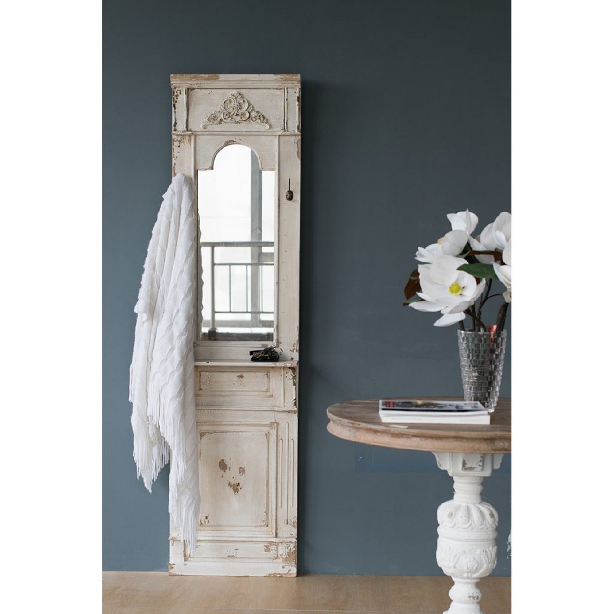 76" White Distressed Classic Vintage Antique Style Wooden Framed Rectangular Floor Mirror