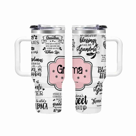 40 oz Grandma Tumbler with Handle and Straw, Insulated Stainless Steel Travel Cup with Heartfelt Quotes and Floral Design for Mother's Day and Birthday Gifts