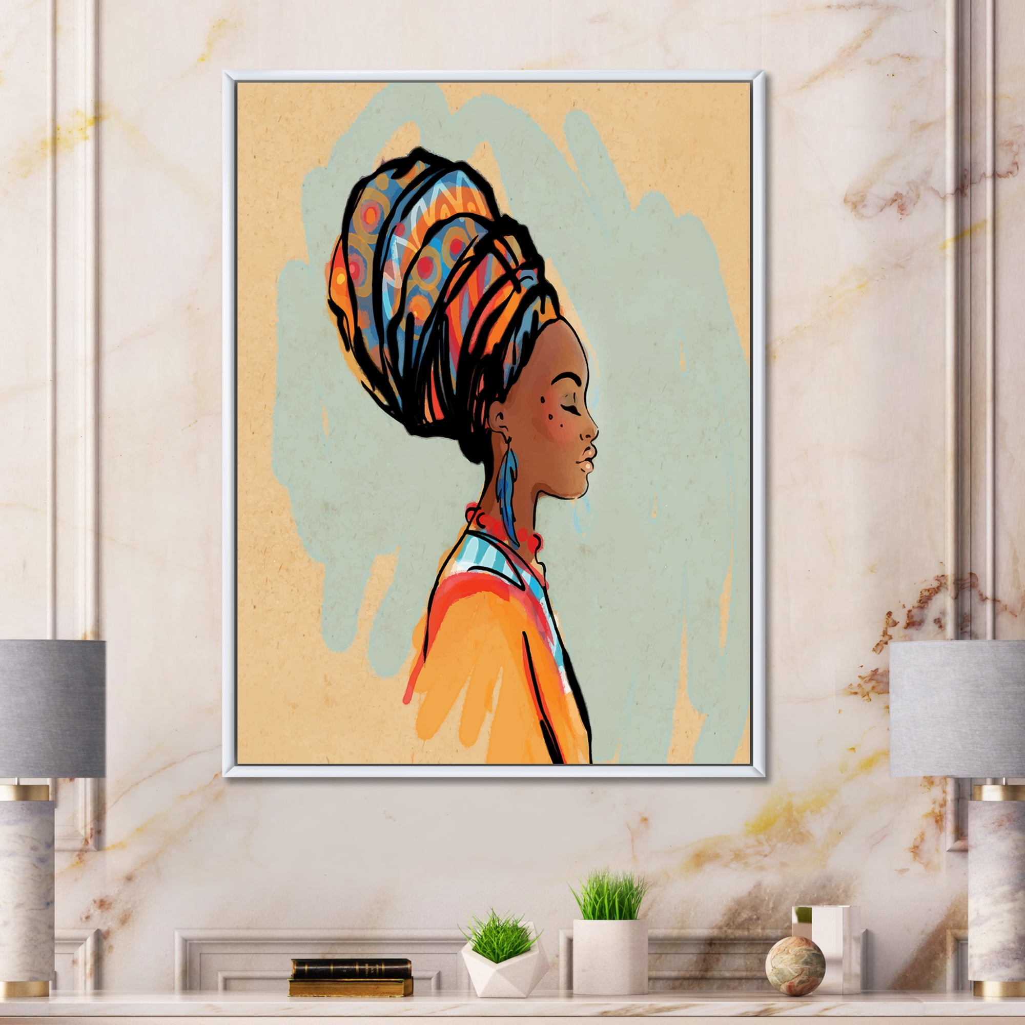 Designart 'Portrait of African American Woman With Turban III' Modern Framed Canvas Wall Art Print