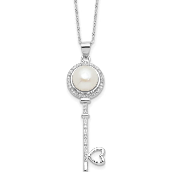 Sterling Silver Rhod-Plated Pearl/Cz Key With Heart W/2In Ext Necklace (Width 1.2) (Length 20) - Jbsp