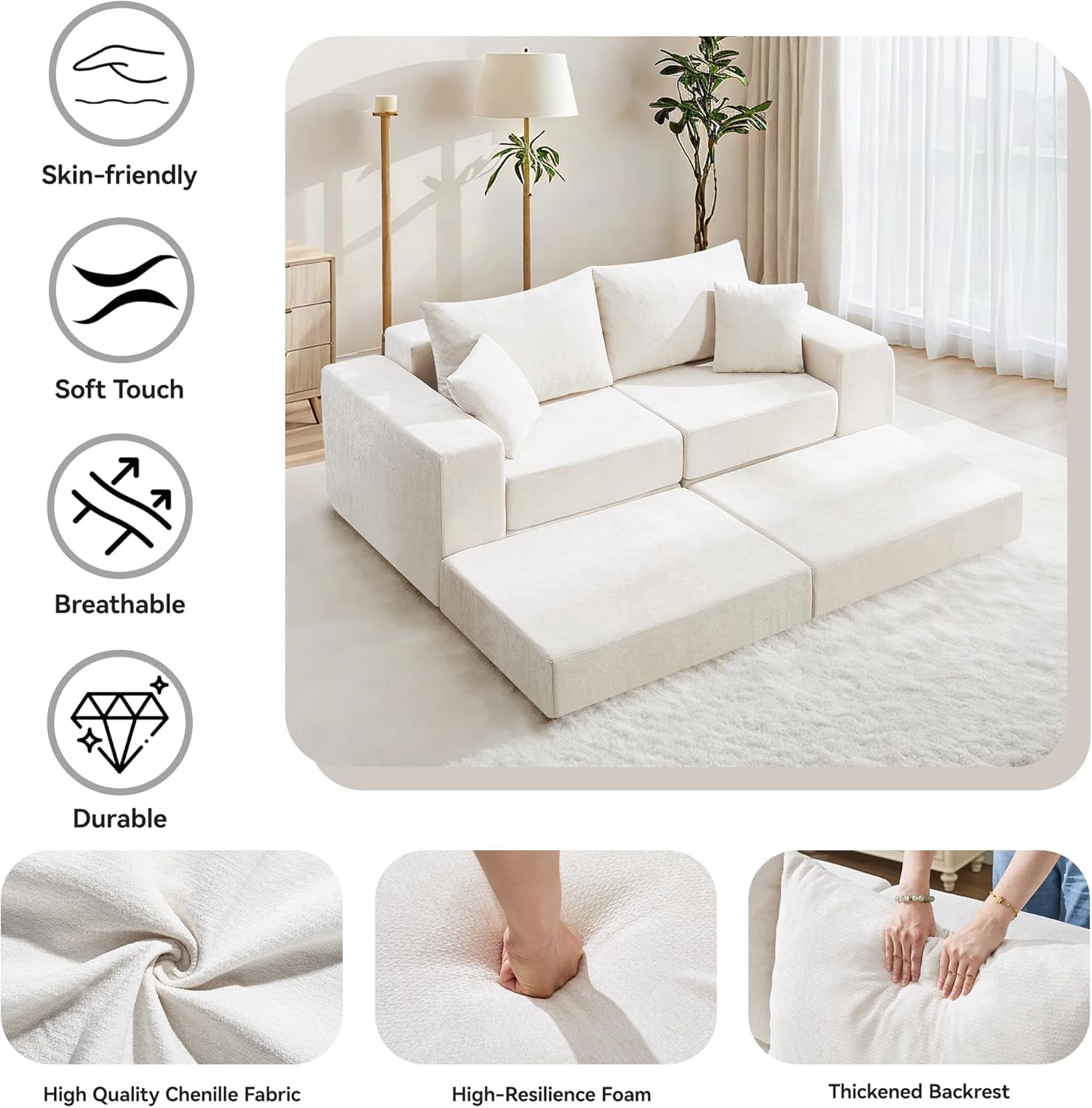 79" Boneless Cloud Loveseat Sofa with Ottoman, Modular Chenille Convertible Floor Couch Bed, No Assembly, Beige