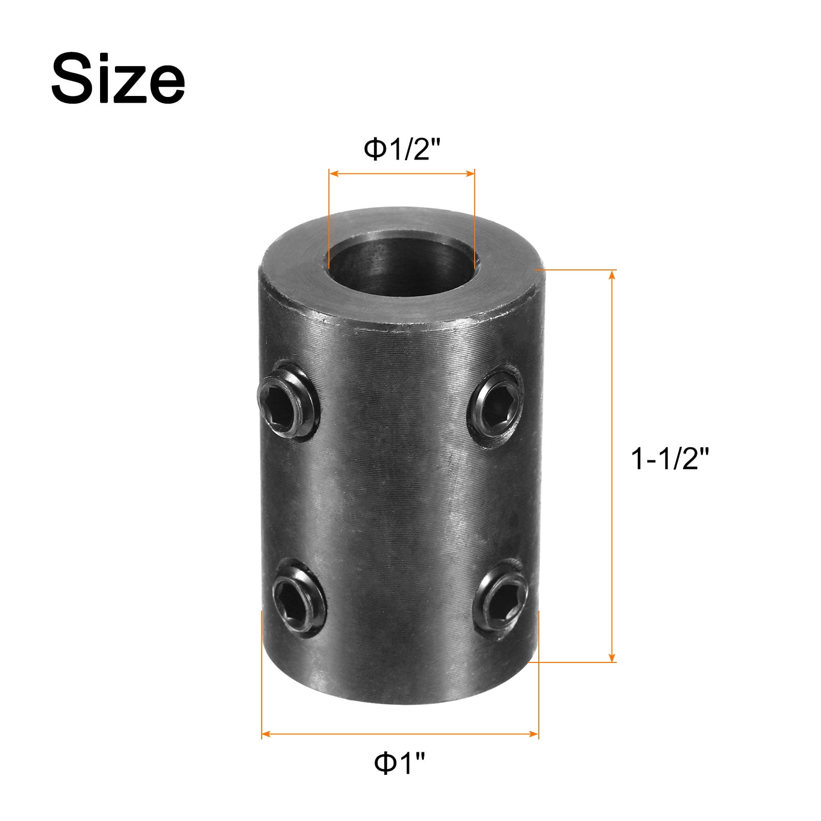 Uxcell 2 pack Shaft Coupling 1/2" Bore, 1" OD, 1-1/2" Length, Black Oxide Plated Steel Rigid Coupling, (4 Set Screws)