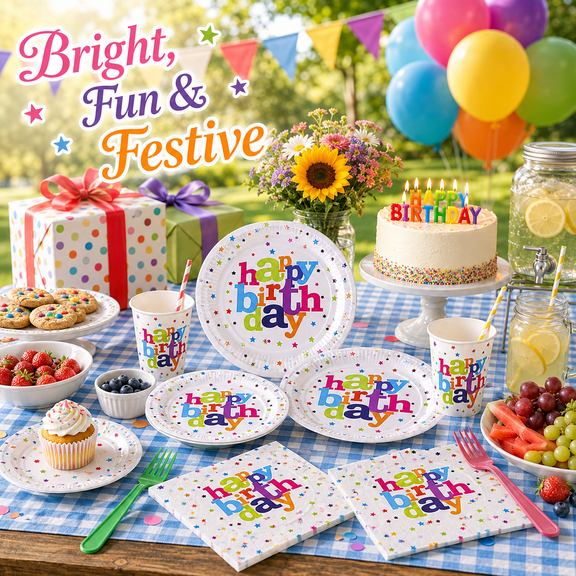 Happy Birthday Disposable Tableware Set, Colorful Paper Plates Cups and Napkins Party Supplies for Adults Guests Camping Picnic Celebrations