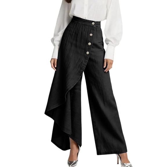 Women's High Waisted Flowy Asymmetrical Wrap Pants Button Down Fashion Skirted Palazzo Pant for Spring Summer Black L
