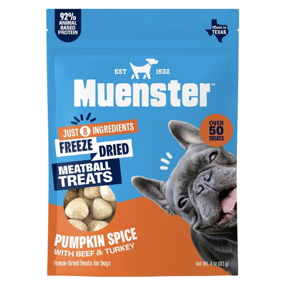 Muenster Freeze-Dried Pumpkin Spice Beef & Turkey Meatball Dog Treats, Limited-Ingredient High-Protein Dog Snacks with Skin & Coat Support, Grain-Free Training Rewards, 4 oz Resealable Pouch
