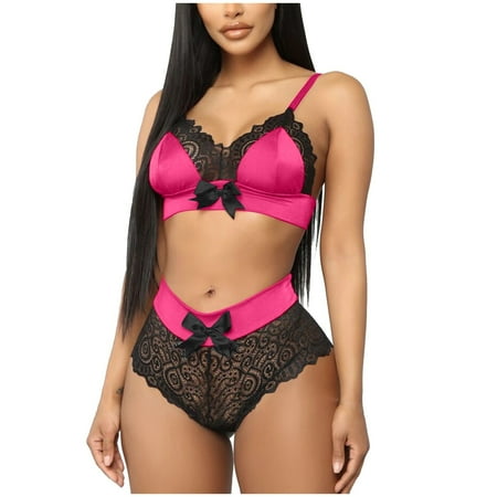 

Sngxgn Women Lace Lingerie Set with Garter Belts Teddy Bodysuit Garter Set Maid Lingerie Hot Pink XL