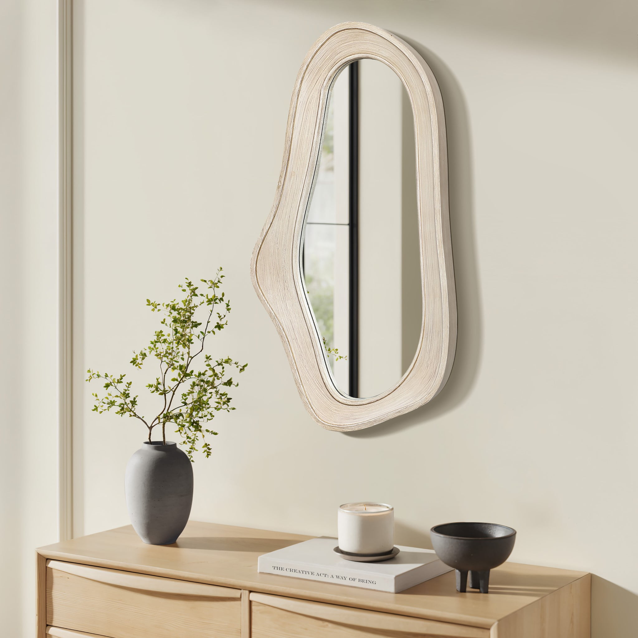 LuxenHome Natural Wood Framed Oval Irregular Wall Mirror, Accent and Vanity