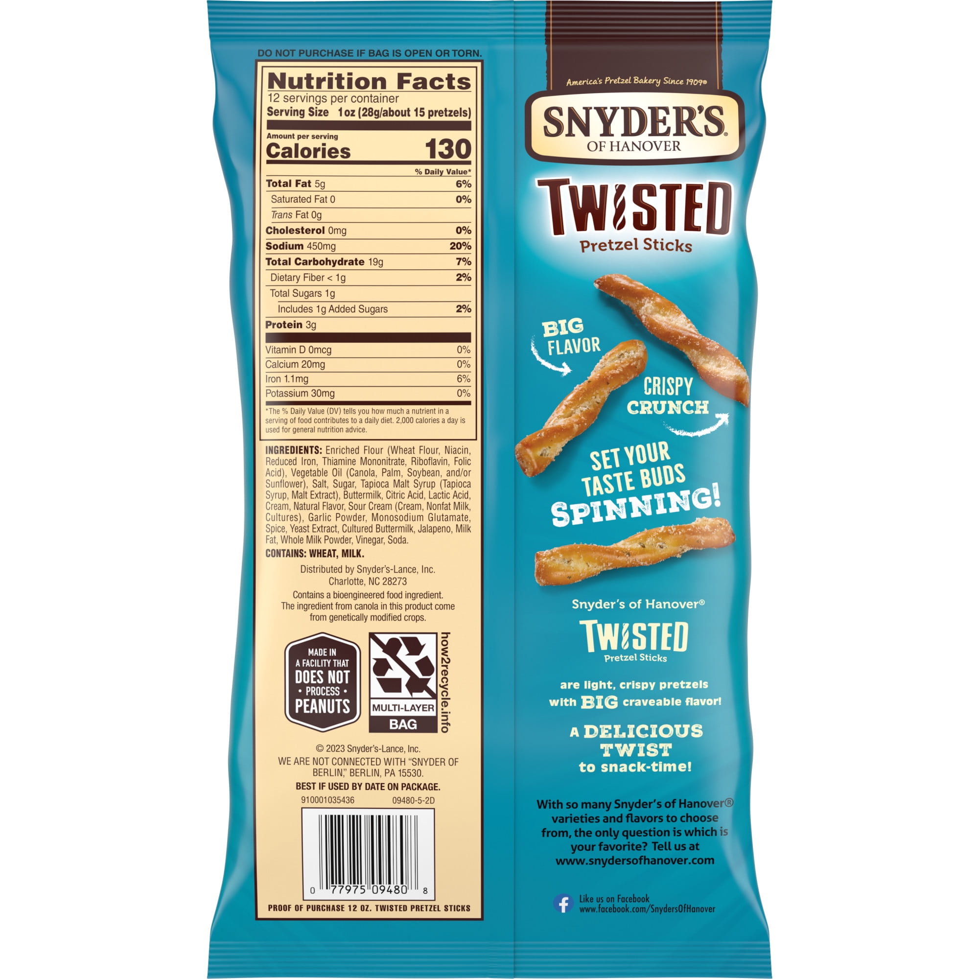 (3 pack) Snyder's of Hanover Jalapeno Ranch Flavored Twisted Pretzel Sticks, 12 oz Bag