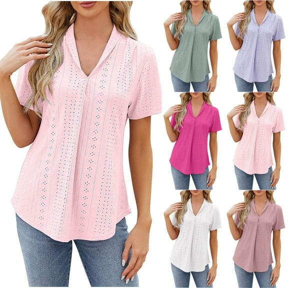 HAPIMO Women's Trendy Loose Tops Eyelet Dressy Tunic V Neck Pullover Elegant Casual Relaxed Blouses Solid Color Summer Tees Short Sleeve for Teen Girls Green XL