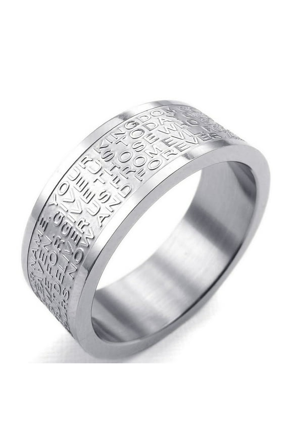 Stainless Steel Band 8.65mm Lord's Prayer Engraved - Cross Praying - Sz 9.5