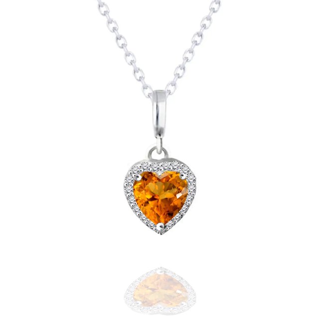 JeenMata Collar con Colgante de Corazón Eterno Citrino de 1,5 Quilates, Piedra Natal de Noviembre, Chapado en Oro Blanco de 18 K sobre Plata