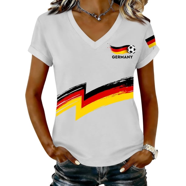 Women's Germany Football Graphic T-Shirt, V-Neck Casual Letter Print T-Shirt, Fashion Short Sleeve Graphic Tee, Summer Daily Lightweight Tops for Soccer Tournament 2026 White Size: 2XL