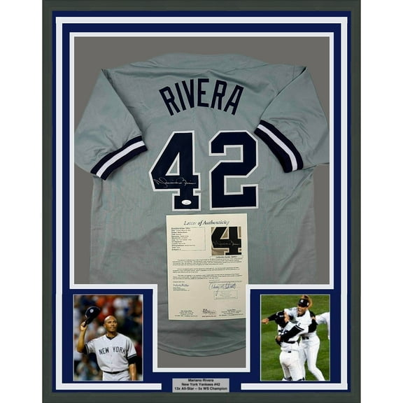 Framed Autographed/Signed Mariano Rivera 35x39 New York Grey Baseball Jersey JSA COA/LOA