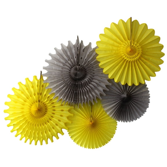 Devra Party Yellow and Gray Large Tissue Paper Fan Decorations, 13 and 18 Inches (5 Piece)