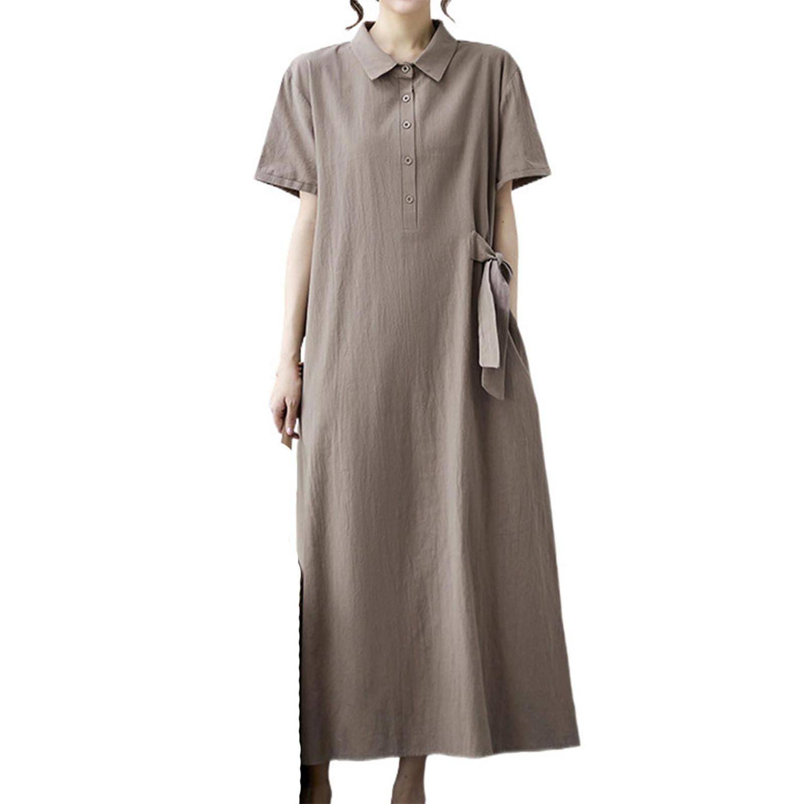 Tumotour Linen Dress for Women Solid Color Button Down Shirt Dress Casual Loose V Neck A-Line Long Tunic Dresses with Pockets, Women's, Size: Large,