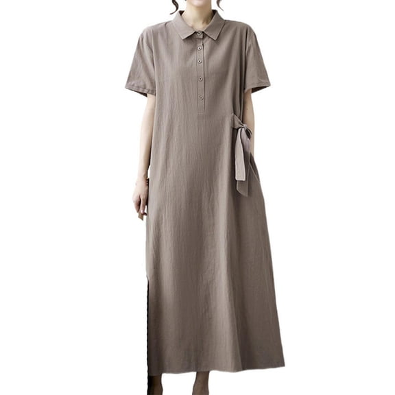 Ashirexll Womens Summer Dresses, Casual Dresses for Women, Loose Elastic Waist Solid Color Linen Shirt Dress